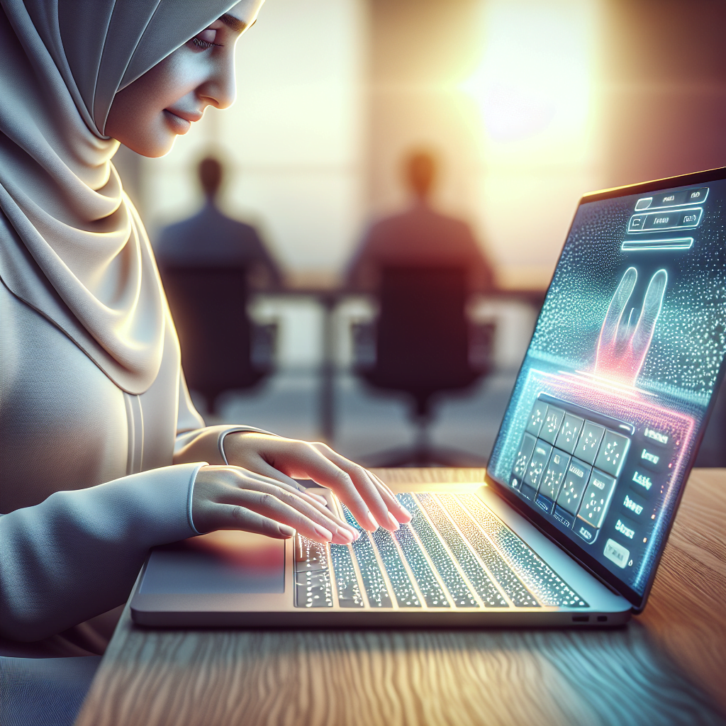 A close-up of a person using a laptop with their hands resting on a Braille keyboard