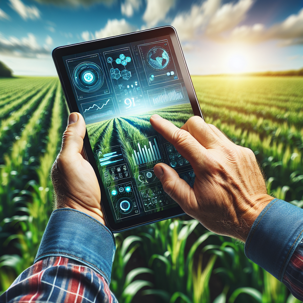 A close-up of a farmer's hand holding a tablet