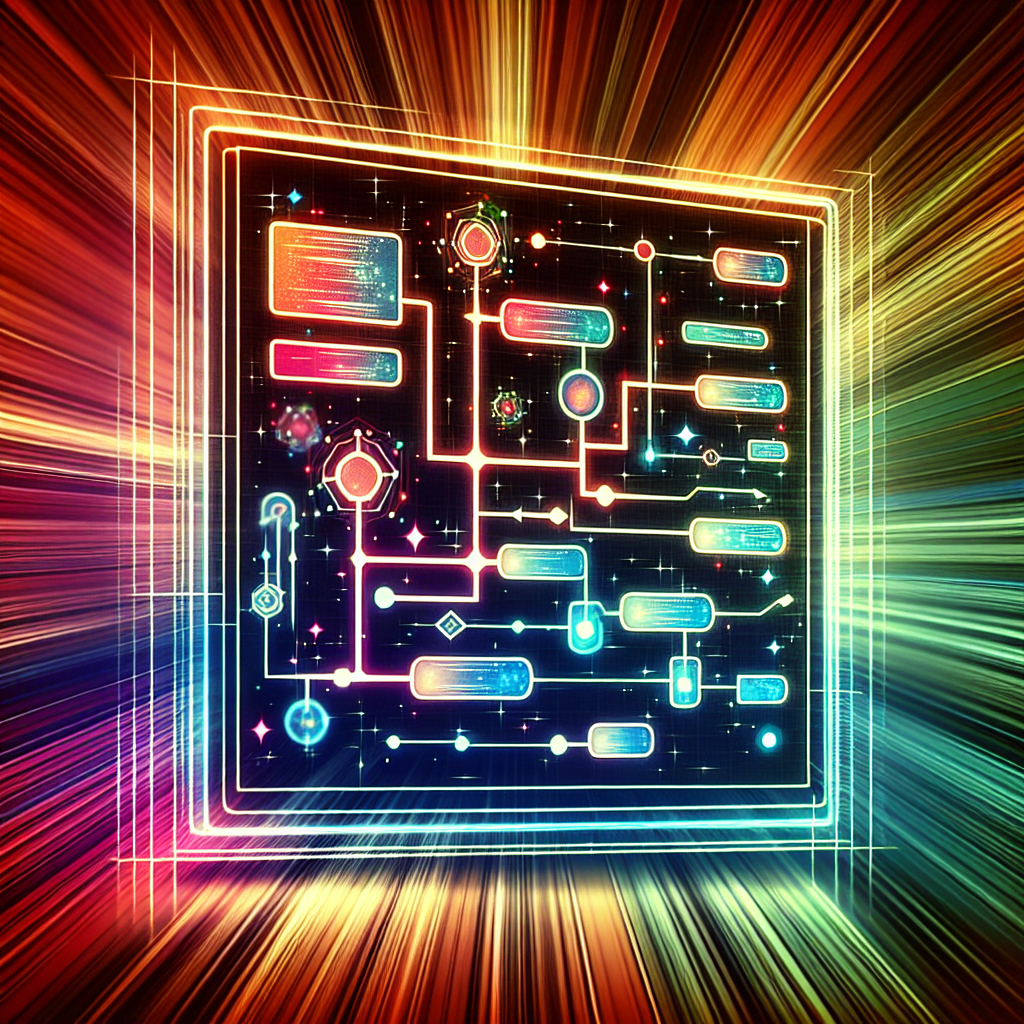 A stylized illustration of a computer screen with a complex