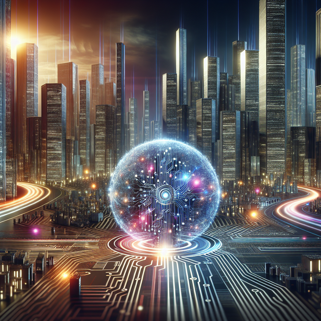 A futuristic cityscape with sleek buildings reaching towards the sky. In the foreground