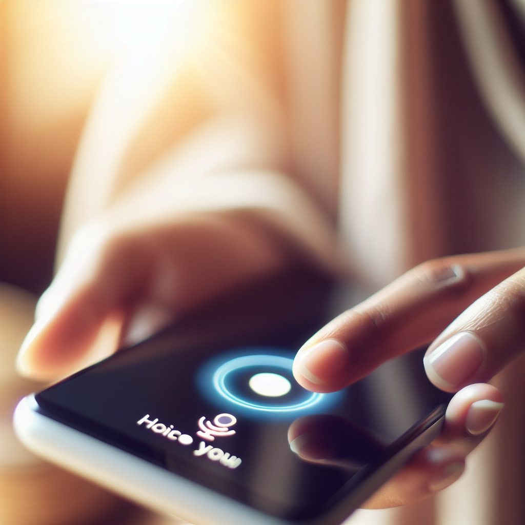 A close-up shot of a person's hand using a phone with a voice assistant icon illuminated on the screen. The background is blurred and soft