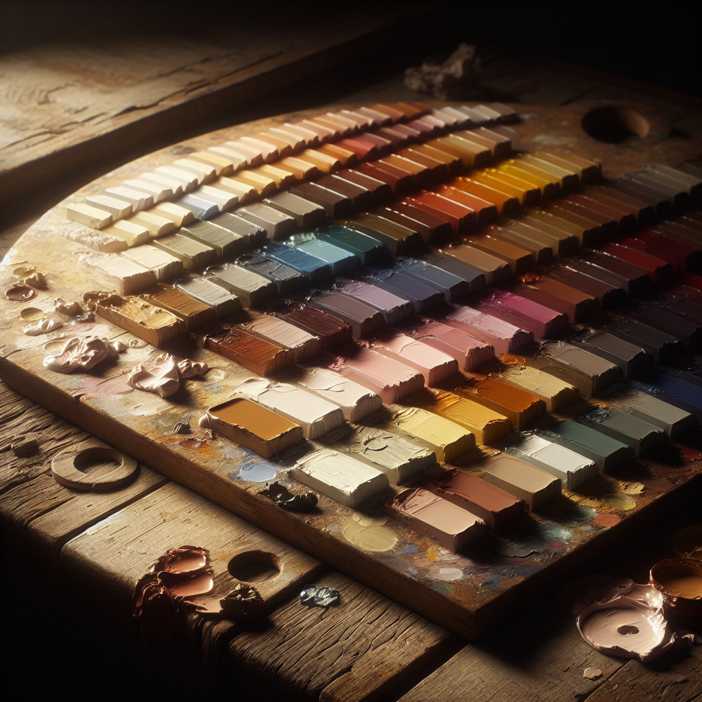 A close-up of a paint palette with a variety of vibrant and muted colors