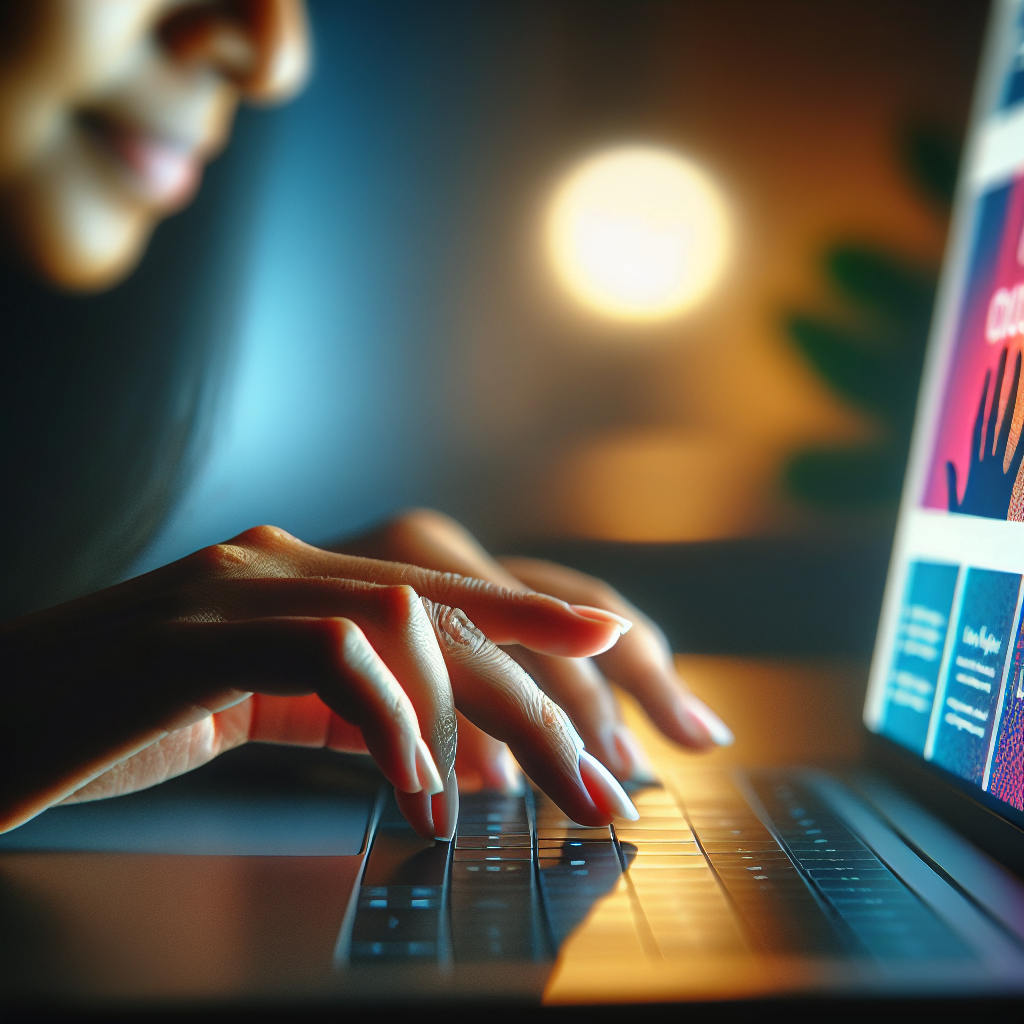 A close-up shot of a hand hovering over a laptop keyboard