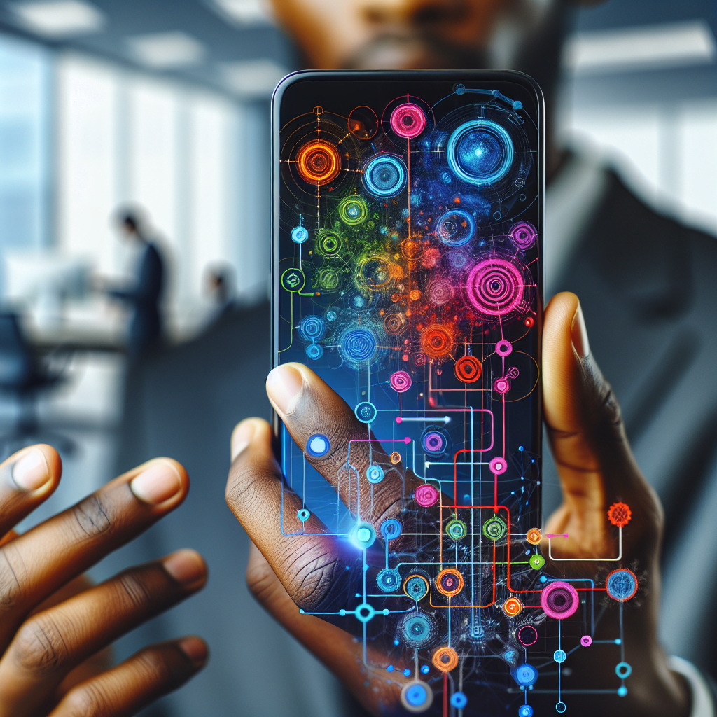 A close-up shot of a hand holding a smartphone with a brightly colored