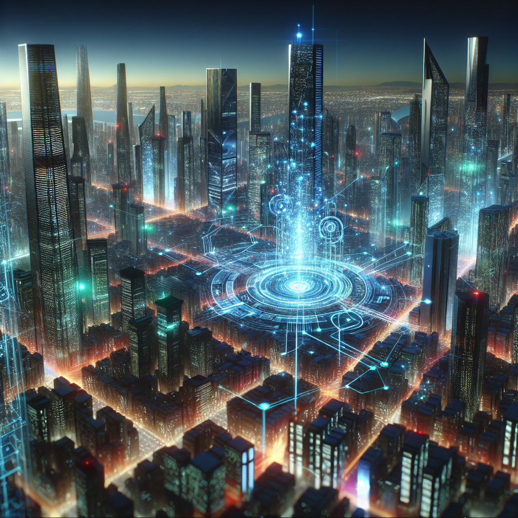 A futuristic cityscape at night