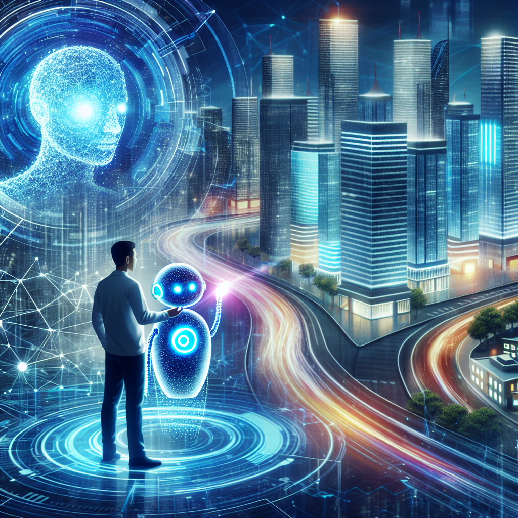 A futuristic cityscape with holographic interfaces and a single person interacting with a glowing AI chatbot. The cityscape is vibrant and sleek