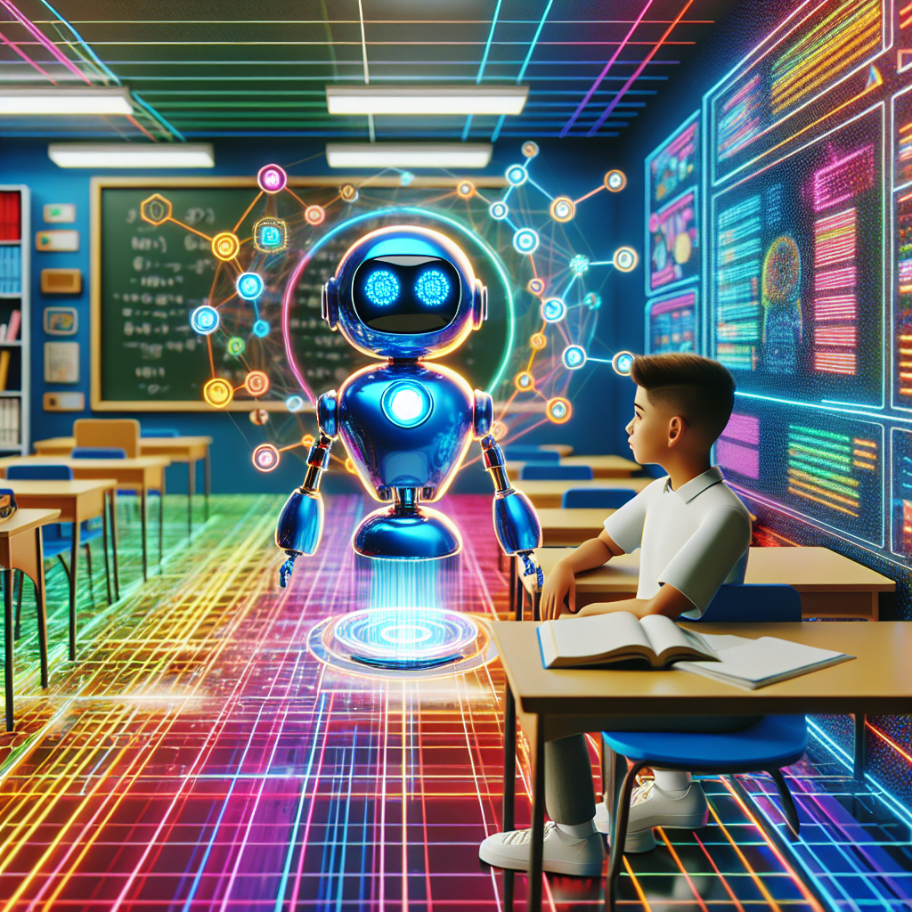 A futuristic classroom with a single student sitting at a desk