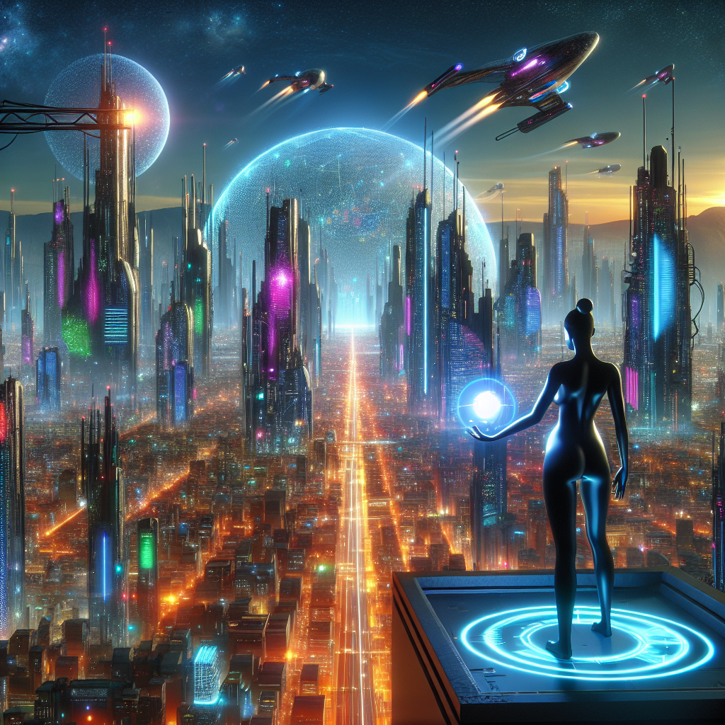 A futuristic cityscape with towering skyscrapers and flying vehicles